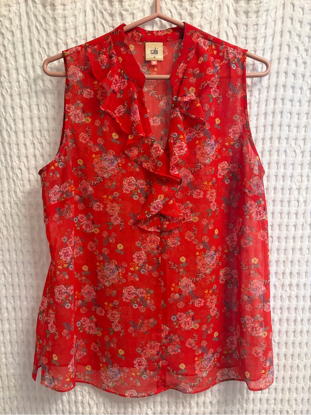 CAbi Red Floral Ruffle Sleeveles Blouse